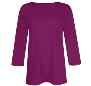 Women's V-neck 3/4 sleeve top in solid plum purple with soft fabric detail