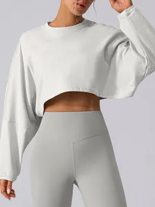 Women Cropped Sweatshirt Spandex Lycra Long Sleeve Crew Neck Loose Sporty Solid Color Yoga Running Gym Workout Top