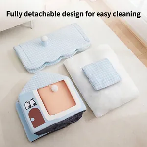 Cuccia per gatti chiusa lavabile con morbido tappetino rimovibile, design a quadretti blu