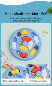 Gros plan détaillé des compartiments rotatifs et coulissants du jouet interactif pour chien.