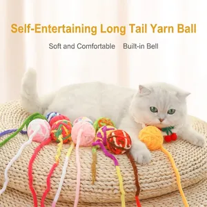 Juguete Para Gatos Bola De Lana Con Cola Larga Colorida Bola De Peluche Trenzada Juguete Interactivo Para Masticar Para Gatos De Interior