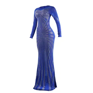 Elegant royal blue floor-length gown with sparkling starburst rhinestone detailing