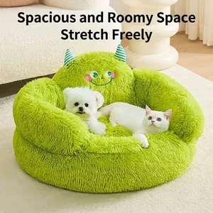 Cozy lime green monster-themed plush sofa bed for small dogs and cats in home setting
