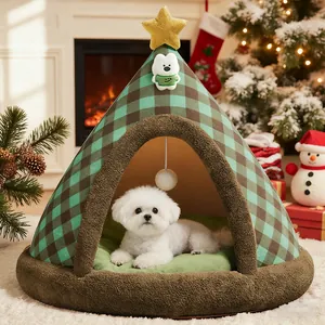 Christmas Tree Pet Tent Bed Semi-Enclosed Warm Plush Dog Cat Cave Bed Soft Suede Indoor Pet House With Removable Mat