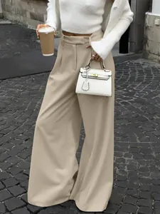 Pantaloni eleganti kaki a gamba larga a vita alta con design a pieghe larghe da donna