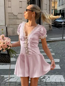 Elegant French style pink V-neck lace dress with puff sleeves and A-line mini skirt
