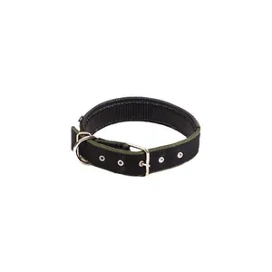 Hochwertige Detailansicht eines robusten schwarzen Hundehalsbands aus Nylon mit Metall