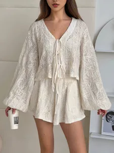 Set Due Pezzi Vacanza Donna Jacquard Poliestere Cardigan Con Lacci Top E Pantaloncini Casual Manica A Lanterna Mare