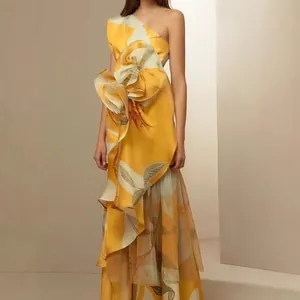 Elegant French vintage yellow floral print one-shoulder maxi dress with ruffle detail