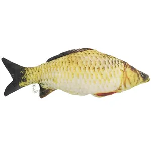Detailed side view of a realistic fish-shaped plush cat toy designed for teething.
