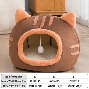 Cozy brown cat head shaped plush pet bed, semi-enclosed warm nest with size chart detail