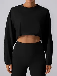 Premium women's black loose-fit crop top long sleeve yoga sweatshirt for running sports