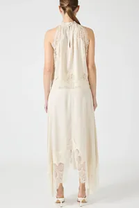 Elegant beige lace sleeveless two-piece set featuring back slit and midi skirt