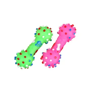 Spiked dumbbell-shaped squeaky vinyl dog toy for teething and entertainment