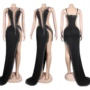 Sexy black evening gown with rhinestone accents and mesh panels shown from three angles