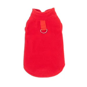 Thick red fleece dog sweater with leash D-ring for winter warmth and outdoor walking.