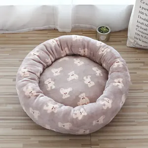 Cozy round plush pet bed with cute white bear pattern for deep sleep of cats and dogs