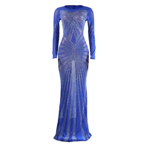 Front view of a glamorous blue floor-length gown with intricate rhinestone patterns