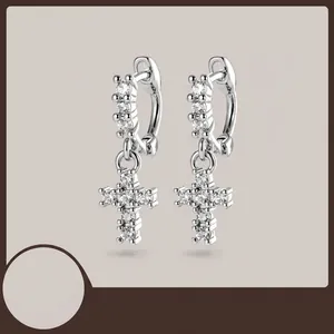 Niche Design Copper Cross Pendant Hoop Earrings For Women Men Micro Inlaid Zirconia Cartilage Piercing Jewelry Silver Color
