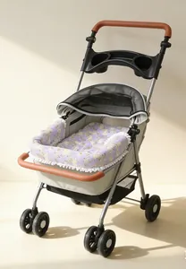 Soft lavender floral pet stroller cushion set featuring decorative white ruffles