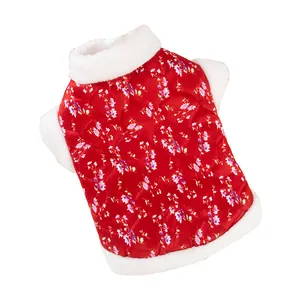 Chinese style red floral pet vest with fleece lining for small dogs and cats