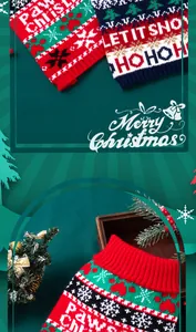 Detail view of festive Christmas dog sweaters featuring knitted snow and paw patterns