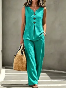 Turquoise sleeveless V-neck top and wide-leg trousers two-piece linen-look set