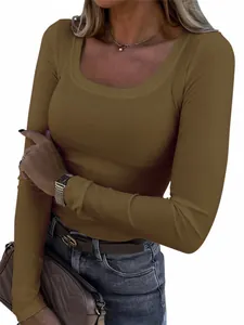 Elegant women's brown ribbed long sleeve square neck slim fit casual T-shirt top