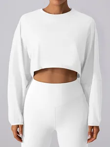 White long sleeve cropped crewneck sweatshirt for yoga and fitness sports wear