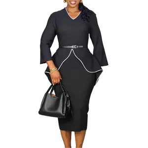 Elegant black professional peplum long-sleeve pencil dress with white piping detail and belt