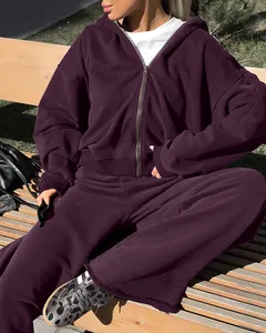 Conjunto de chándal morado de dos piezas con sudadera con capucha y cremallera y pantalones anchos