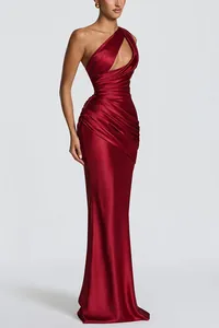 Elegant burgundy one-shoulder satin maxi dress with cutout detail and ruched waist