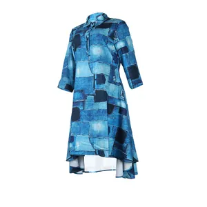 Elegant blue patchwork print shirt dress with lapel and high-low hem for women