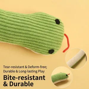 Durable corduroy snake-shaped squeaky dog toy for molar cleaning and boredom relief.