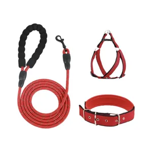 Langlebiges rotes 3-teiliges Set aus Hundeleine, Geschirr und Halsband für Hunde.
