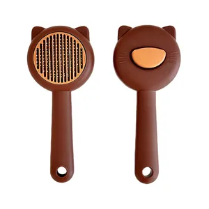 Cat-shaped pet grooming brush with self-cleaning one-click hair removal feature
