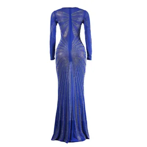 Full back view of a sexy blue floor-length evening dress with elegant rhinestone patterns.