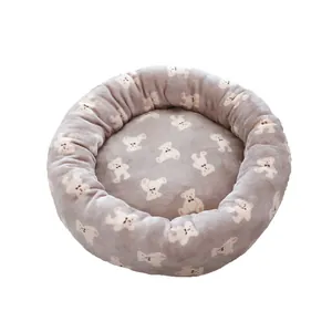 Cozy round pet bed with cute teddy bear pattern for small dogs and cats