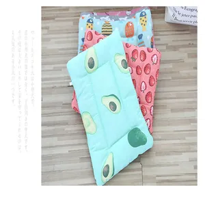 Three styles of breathable linen pet mats with avocado and fruit patterns