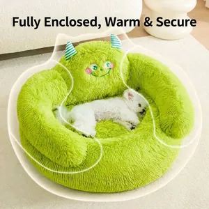 Semi-enclosed plush monster-shaped pet bed for small dogs and cats