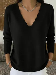Close-up showing the elegant scalloped V-neckline of this black casual knitted sweater