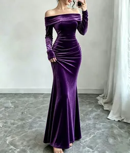 Full-body shot of an elegant purple velvet off-shoulder dress in a minimalist room