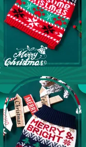 Close-up of festive knitted dog sweaters with Christmas patterns and vibrant colors
