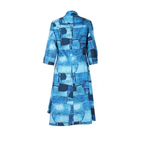 Back view of slim fit dress with vibrant blue denim patchwork print and lapel collar