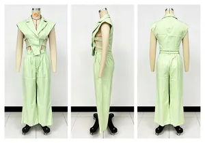 Detailed front, side, and back views of women's mint green cutout waist two-piece set