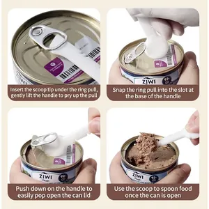 Multifunctional pet food spoon with can opener and scooping tool instructional guide