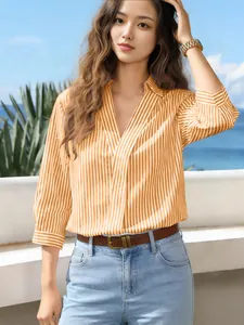 Elegante camicia a righe da donna con scollo a V e maniche a 3/4 arancione e bianco