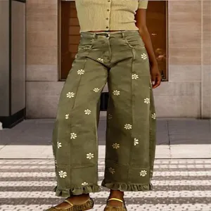 Women Vintage Daisy Floral Print Wide Leg Jeans Ruffle Hem Patchwork Polyester Pants Y2K Retro Loose High Waist Trousers