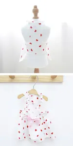 Detailed views of a white pet summer princess dress featuring red hearts and a pink bow