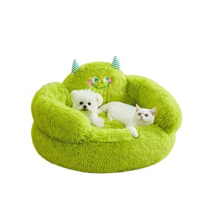 Cozy green monster plush pet bed for small dogs and cats on a clean white background